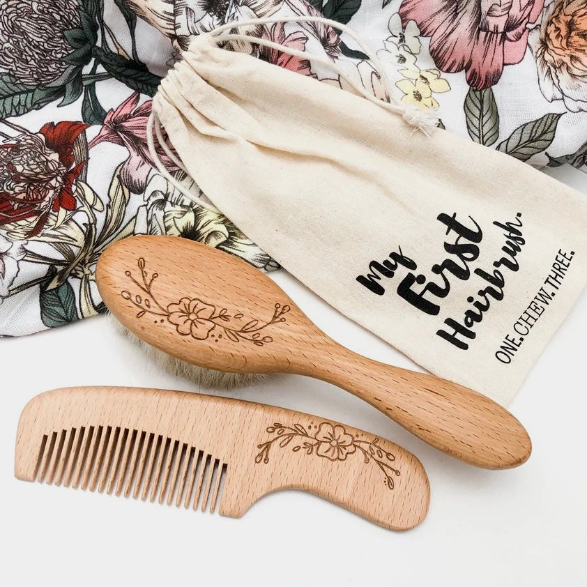 Wooden Baby Hairbrush & Comb Set | Vintage Floral